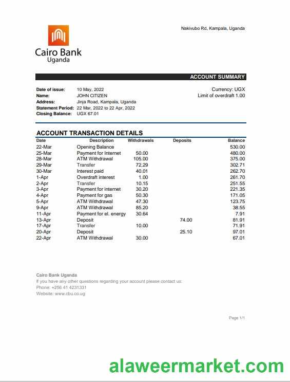 Uganda Cairo bank statement, Excel and PDF template